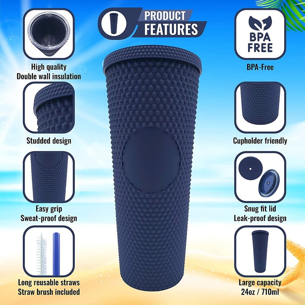 Rubberized Matte Navy Blue Studded Tumbler 24oz NEW